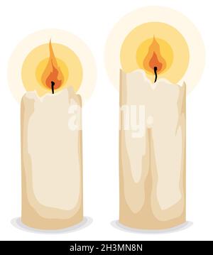 Hohe Kerzen mit glühenden Flammen im Cartoon-Stil, isoliert auf weißem Hintergrund. Stock Vektor