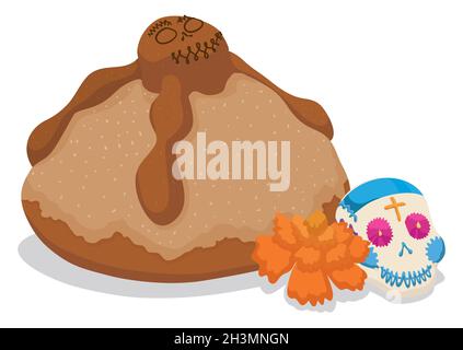 Mexikanisches Angebot für das Day of the Dead-Fest: Ringelblume, Zuckerschädel und Brot der Toten. Stock Vektor