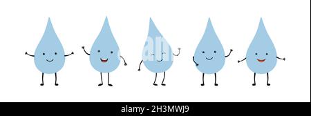 Set von Cartoon Wassertropfen mit Gesichtern, Händen und Füßen. Stock Vektor