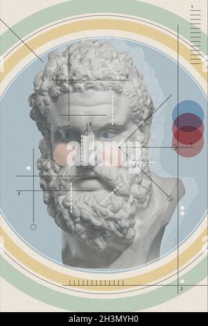 Kunstcollage mit antiker Skulptur von Herakles Gesicht und Zahlen, geometrischen Formen. Beauty, Mode und Gesundheit Thema. Wissenschaft, RE Stockfoto