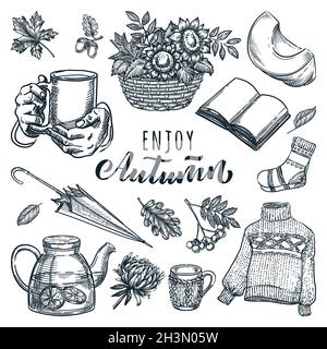 Herbst Hygge Design Elements Kollektion. Vektorgrafik Skizze Illustration und handgezeichnete Kalligraphie Schriftzug. Hände mit Tasse Tee, Regenschirm, Fallbouque Stock Vektor
