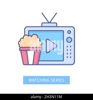 Watching-Serie - modernes Liniendesign-Symbol auf weißem Hintergrund. Ordentlich detaillierte Bild von alten Retro-TV und Eimer von gelbem Popcorn. Entspannung, gut Stock Vektor