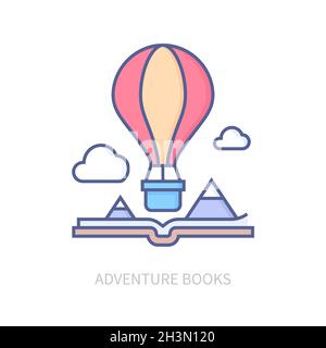 Adventure Books – Symbol im modernen Liniendesign auf weißem Hintergrund. Ordentlich detaillierte Bild von Märchen. Seiten werden in einer interessanten Plot-Stelle geöffnet. Stock Vektor