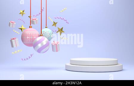 3D. Weißes Podium. Weihnachtskugeln, Geschenkboxen, Bänder, Weihnachtsdekorationen. Im roten Hintergrund. Stockfoto