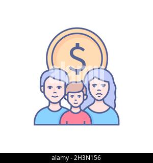 Familienbudget – Symbol im modernen Liniendesign auf weißem Hintergrund. Ordentlich detaillierte Bild von Mutter, Vater und Kind, die planen, Einkommen zu verteilen. Sa Stock Vektor