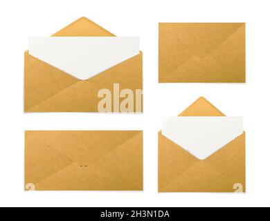 Set von realistischen braunen Kraftpapier Umschlägen mit Blättern in verschiedenen Größen isoliert auf weiß Stock Vektor
