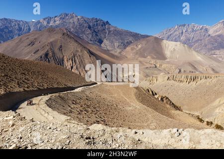 Muktinath Sadak. Traktor fährt entlang der Straße in den Bergen. Schotterstraße von Jomsom nach Muktinath im Himalaya. Stockfoto