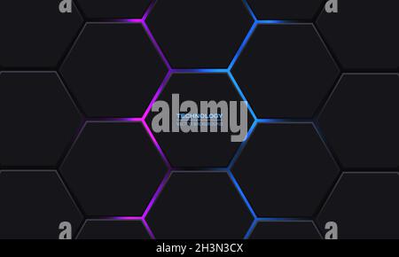 Dunkelgrauer, sechseckiger Technologie-Vektorhintergrund mit farbigem Neon-Gradient Stock Vektor