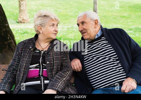 Seniorenpaar im Gespräch auf Parkbank. Älterer Ehemann und Ehefrau genießen den Ruhestand an sonnigen Tagen im Freien. Mittäterschaft, Konzepte zum gegenseitigen Verständnis Stockfoto