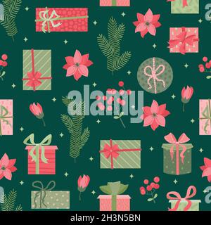 Vektor nahtlose Muster von weihnachtspflanzen, weihnachtsspielzeug, Pflanzen und Blumen Stock Vektor