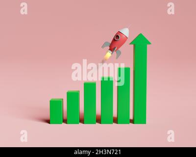 Aufsteigender Chart mit einem Pfeil und einer Rakete, die darüber fliegt. 3d-Rendering Stockfoto