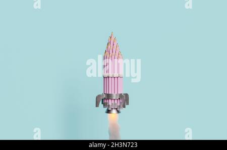 Handgemachte Rakete mit Bleistiften, Start und schießen Feuer. 3d-Rendering Stockfoto