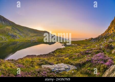 Sonnenaufgang im Ogwen Valley, Snowdonia Stockfoto