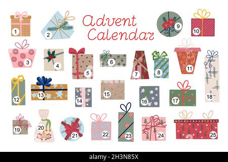 Weihnachten Adventskalender von Geschenkboxen Set mit Band und Bögen Vektor-Illustration, Frohe Weihnachten und Happy New Year festliche traditionelle Winter-Feiertagsvorlage, Ornament für Advent Countdown Stock Vektor