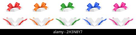 Vektor-Set von ungefalteten weißen Geschenkboxen mit verschiedenen Farbbändern, isoliert auf weißem Hintergrund. Stock Vektor