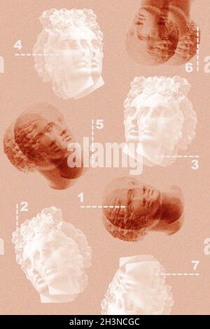Collage mit antiken Skulpturen aus Gips von menschlichen Gesichtern im Pop-Art-Stil. Kreatives Konzept Bild mit alten Statue Kopf in pa Stockfoto