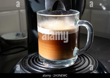 Noch immer dampft eine frisch gebrühte Tasse Kaffee. Im Kaffee sind verschiedene Schichten sichtbar. Stockfoto