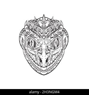 Kopf eines reptilianischen humanoiden oder anthropomorphen Reptilienteils menschlicher Teil Lizard Line Art Drawing Stockfoto