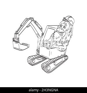 Sasquatch oder Bigfoot tragen Hardhat Fahren eines mechanischen Digger Bagger Linie Art Zeichnung Illustration Stockfoto