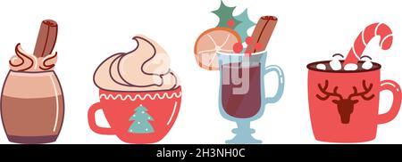 Set von Weihnachtsgetränke Kakao mit Marschmalchen und heißer Schokolade und Glühwein. vektor-Illustration in flachem Stil isoliert auf weißem Hintergrund Stock Vektor