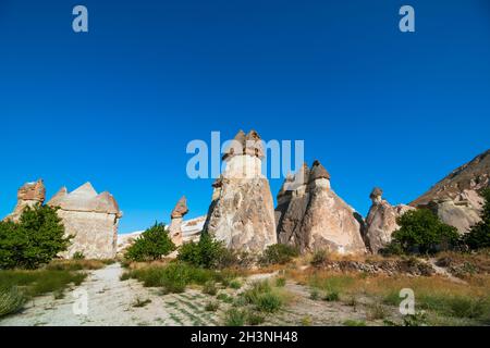 Blick auf das Pasabagi Open Air Museum in Cappadocia Nevsehir Türkei. Freilichtmuseen in der Türkei. Reisen nach Kappadokien. Sehenswürdigkeiten oder Naturschönheiten von Stockfoto