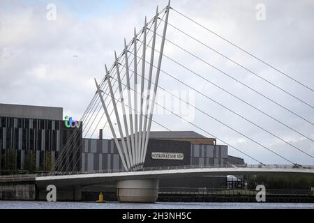 Das ITV-Studio neben dem Manchester Ship Canal in Salford Quays, wo Coronation Street gedreht wird. Stockfoto