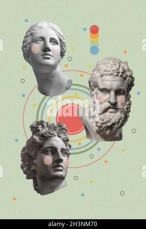 Collage mit antiken Skulpturen aus Gips von menschlichen Gesichtern im Pop-Art-Stil. Kreatives Konzept Bild mit alten Statue Kopf in pa Stockfoto