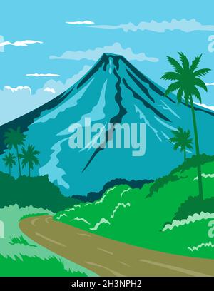 Mayon Vulkan oder Mount Mayon in der Provinz Albay in Bicol Philippinen WPA Poster Art Color Stockfoto