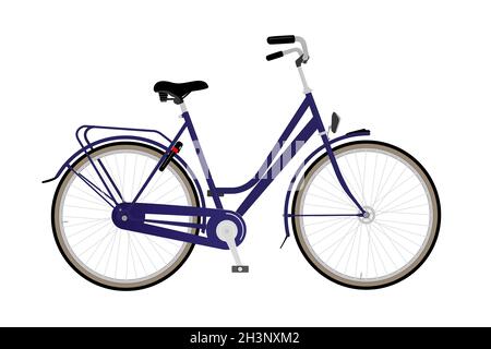 Damen Modell City Bike mit blauem Rahmen, Rücktrittbremse und Fahrradschloss. Liniendarstellung in Farbe. Stockfoto