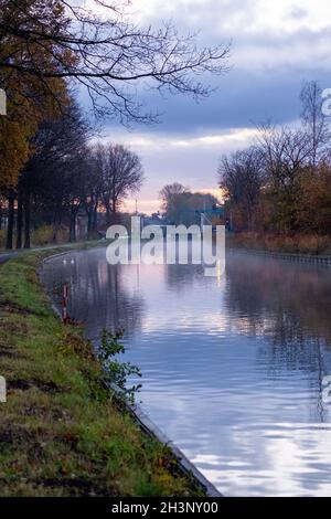 Flusskanal, der sich mit Grasbänken und wilden Blumen und Bäumen in einer malerischen Landschaft bei einem nebligen Herbstmorgen-Sonnenaufgang biegt Stockfoto