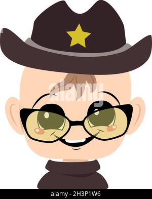 Avatar eines Kindes mit großen Augen und einem breiten Lächeln in einem Sheriffhut mit einem gelben Stern. Niedliches Kind mit einem fröhlichen Gesicht in einem Karnevalskostüm. Kopf von entzückenden Baby mit glücklichen Emotionen Stock Vektor