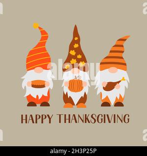 Thanksgiving-Gnome. Happy Thanksgiving Schriftzug. Niedliche Comic-Figuren. Vektor-Vorlage für Banner, Poster, Grußkarte, T-Shirt, etc. Stock Vektor