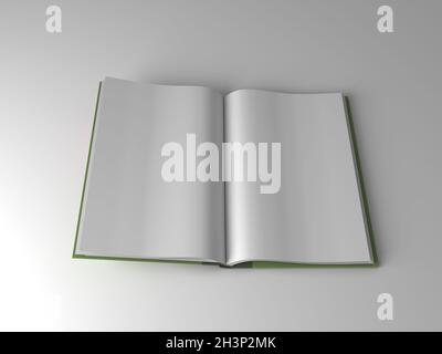 3d-Rendering eines offenen Hardcover-Buchs mit weißen leeren Seiten Stockfoto