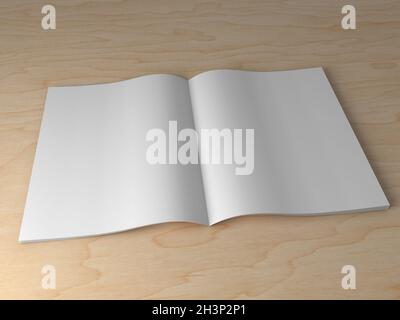 3d-Rendering eines offenen Magazins mit weißen leeren Seiten auf Holzhintergrund Stockfoto