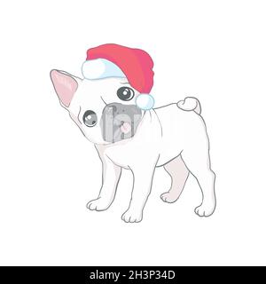 Weihnachtskarte. Poster mit Bulldogge im Portrait in einem Weihnachtsmann-Hut. Vektorgrafik. Stock Vektor