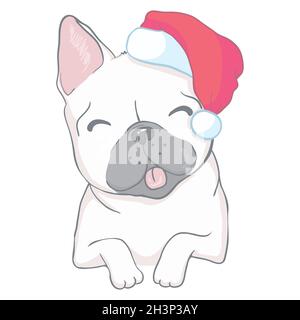 Weihnachtskarte. Poster mit Bulldogge im Portrait in einem Weihnachtsmann-Hut. Vektorgrafik. Stock Vektor