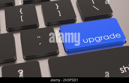 Nahaufnahme einer Laptop-Tastatur mit blauer Upgrade-Taste Stockfoto
