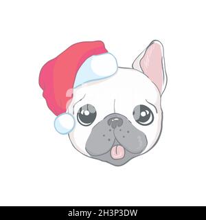 Weihnachtskarte. Poster mit Bulldogge im Portrait in einem Weihnachtsmann-Hut. Vektorgrafik. Stock Vektor