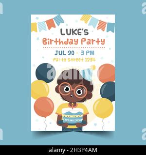 Niedlicher Junge hält Kuchen von Ballons umgeben Poster Vektor Design Illustration Stock Vektor