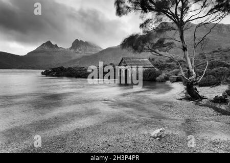 Regnerisches Wetter über dem Dove Lake in der Nähe von Boat Shen und Quarzstrand auf der Strecke mit Blick auf den Cradle Mountain. Stockfoto