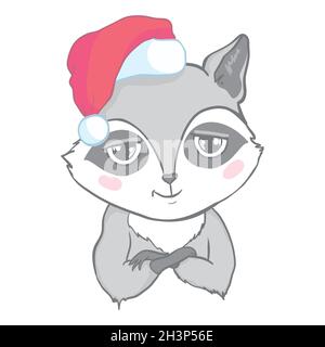 Das weihnachtsplakat mit dem Bild Waschbär-Portrait im Weihnachtsmann-Hut. Vektorgrafik für Handzeichnen. Stock Vektor
