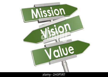 Mission, Vision und Wert Wort auf grüne Straße Zeichen Stockfoto