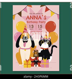 Flache Tiere Geburtstag Einladung Vektor Design Illustration Stock Vektor