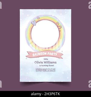 Handgezeichnete Regenbogen Geburtstag Einladung Vorlage mit Foto-Vektor-Design Illustration Stock Vektor