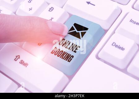 Schreiben, Anzeige Text Online-Buchung. Wort für die Reservierung über das Internet Hotelunterkunft Flugticket Zusammenfassung Online-Registrierungsprozess Stockfoto