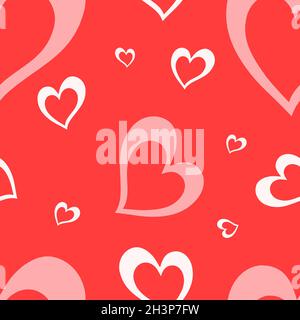 Nahtloses Muster mit Elementen zum Valentinstag auf rotem Hintergrund. Niedliche Herzen. Stockfoto