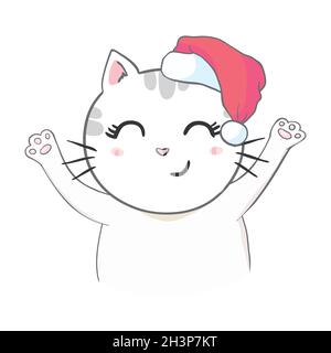 Niedliches Kätzchen in einem weihnachtsmütze. Weihnachtsillustrationen können für Grußkarten, Malbücher und Schreibwaren verwendet werden. Stock Vektor