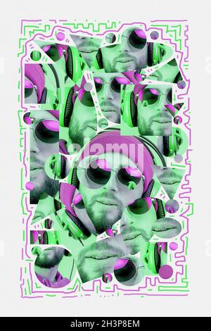 Kunstcollage mit Nahaufnahme-Porträt eines flippigen jungen bärtigen Hipsters in Sonnenbrille, der selbstbewusst auf einer Pastell-Multicolors te lächelt Stockfoto