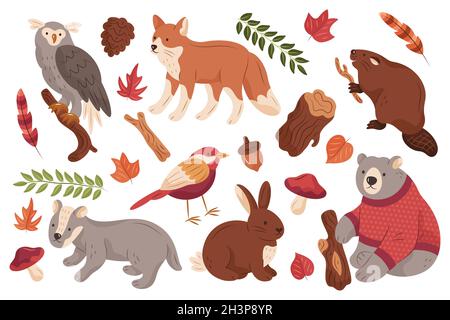 Handgezeichnete Herbst Wald Tiere Set Vektor Design Illustration Stock Vektor