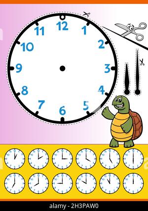 Clock Face Cartoon Lernarbeitsblatt für Kinder Stockfoto